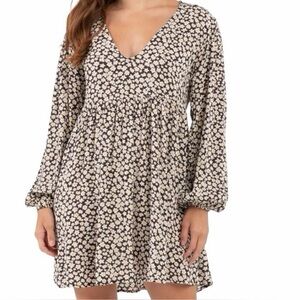 Billabong Secret Wish Daisy Floral V Neck Long Sleeve Mini Babydoll Dress Medium